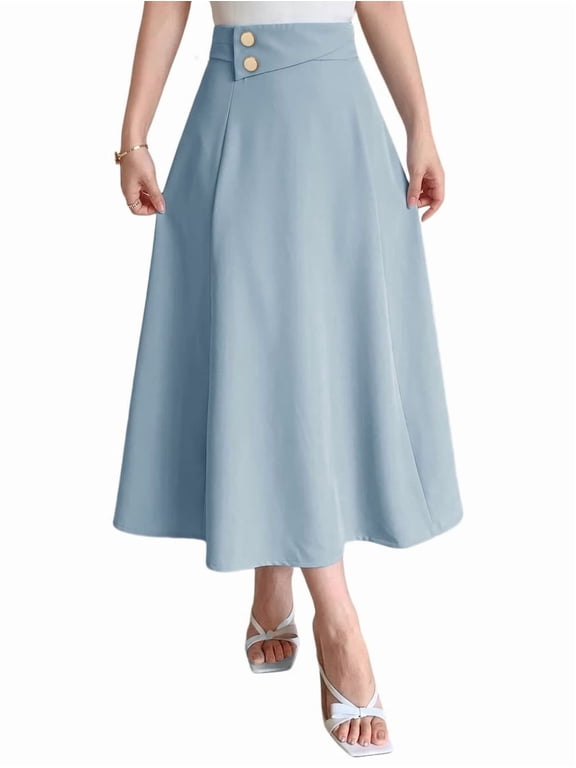 Women Flowy Solid Midi Skirt High Waist Button Decor A Line Large Flared Hem Casual Daily Skirt Blue XL