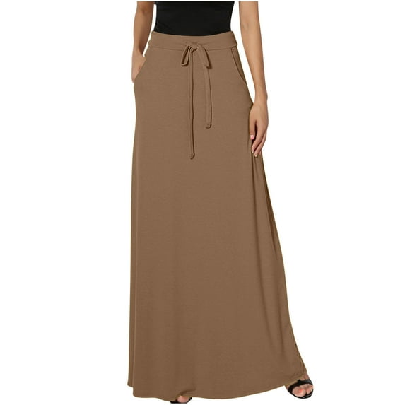 Women Flowy Swing Long Skirts Drawstring High Waist Maxi Skirt Summer Beach Pleated Casual Skirts