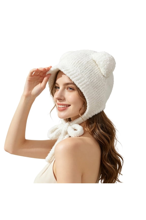 Women Fluffy Bear Ear Beanie Thick Fuzzy Fabric with Adjustable Tie String Design Windproof Warm Hat for Winter Daily Outdoor Wearing