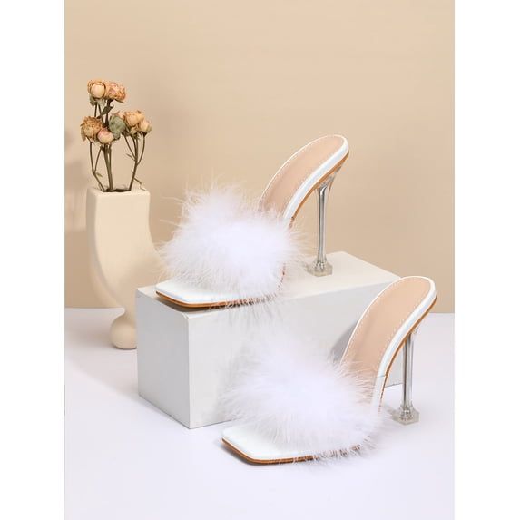 Women Fluffy Clear Strap Stiletto Heeled Sandals Glamorous PVC Mule Sandals For Summer