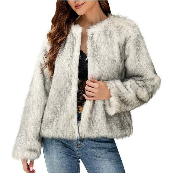 Women Fluffy Faux Fur Coat Cropped Jacket Puffer Jacket Zip Up Winter Warm Fuzzy Open Front Jacket for Dress