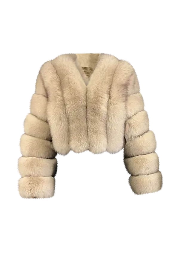 Women Fluffy Faux-Fur Coat Long Sleeve Cropped Puffer Jacket Winter Warm Fuzzy Loose Solid Color Outerwear (Beige 3XL)