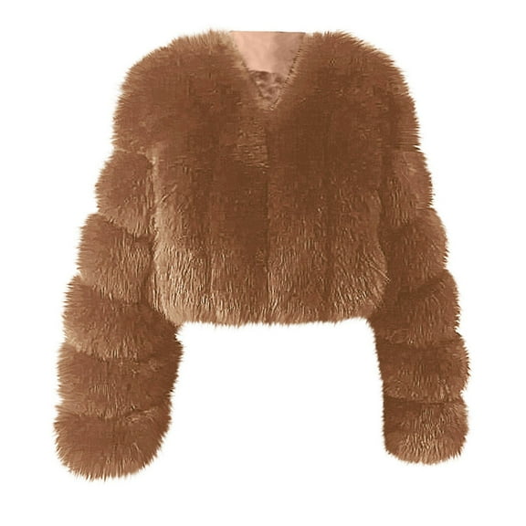 Women Fluffy Faux-Fur Coat Long Sleeve Cropped Puffer Jacket Winter Warm Fuzzy Loose Solid Color Outerwear (Brown S)