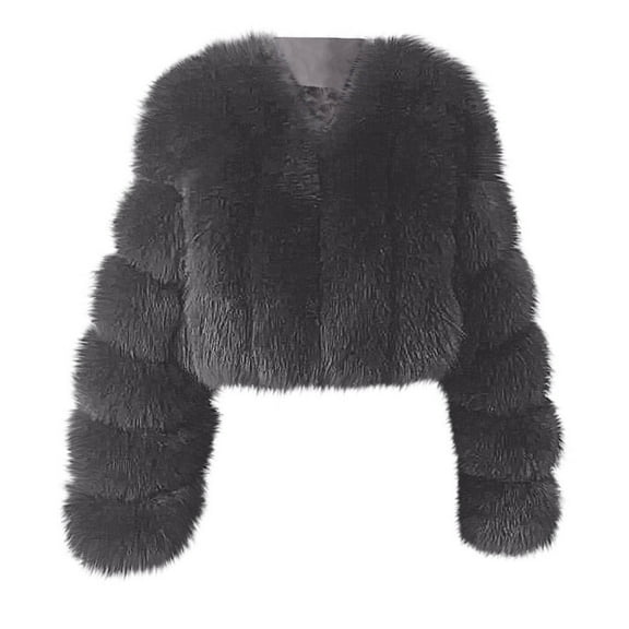 Women Fluffy Faux-Fur Coat Long Sleeve Cropped Puffer Jacket Winter Warm Fuzzy Loose Solid Color Outerwear (Gray L)