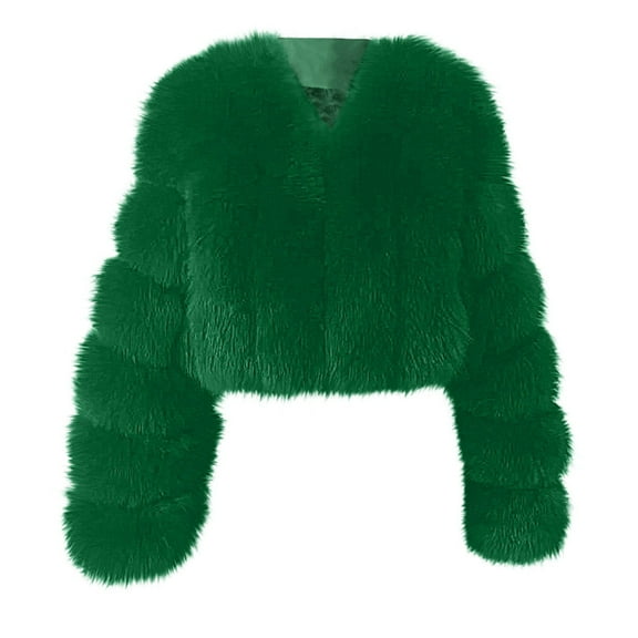 Women Fluffy Faux-Fur Coat Long Sleeve Cropped Puffer Jacket Winter Warm Fuzzy Loose Solid Color Outerwear (Green L)