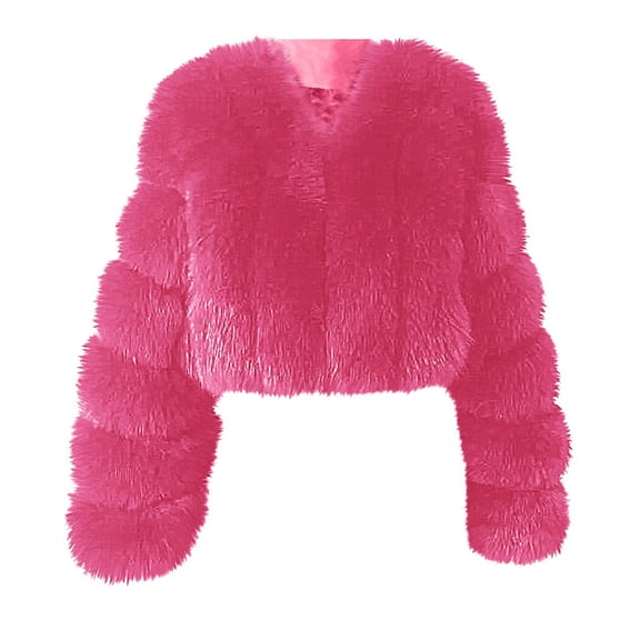 Women Fluffy Faux-Fur Coat Long Sleeve Cropped Puffer Jacket Winter Warm Fuzzy Loose Solid Color Outerwear (Hot Pink M)