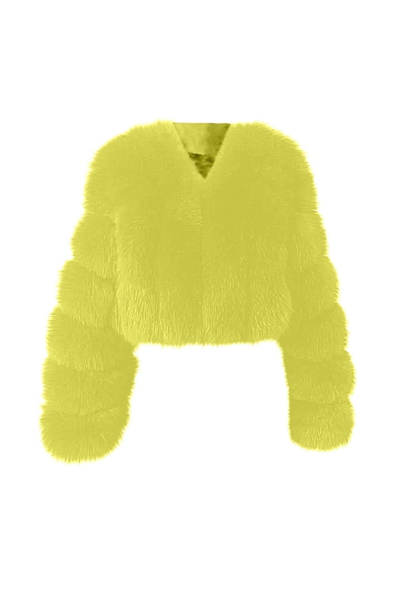 Women Fluffy Faux-Fur Coat Long Sleeve Cropped Puffer Jacket Winter Warm Fuzzy Loose Solid Color Outerwear (Yellow 3XL)