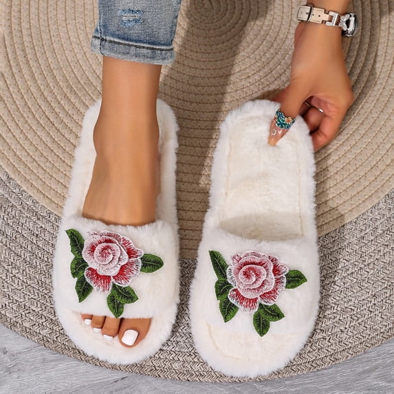 Women Fluffy Faux Fur Embroidery Rose Open Toe Slide Slippers White 6.5-7