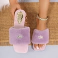 thumbnail image 1 of Women Fluffy Faux Fur Rhinestone Crown Square Open Toe Slide Slippers Purple 5.5, 1 of 9