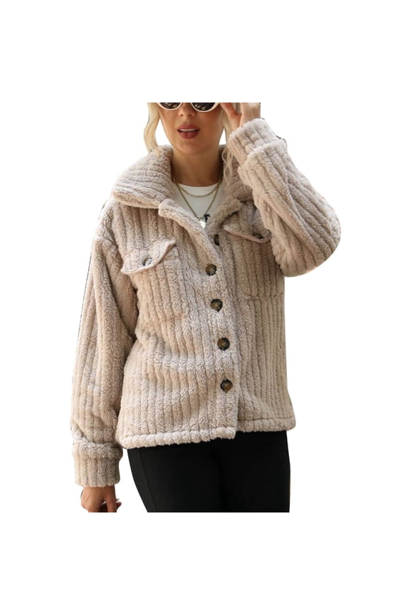Women Fluffy Fuzzy Jacket Turn Down Collar Single Row Button Fleece Coat with Pockets for Winter Autumn Light Brown L