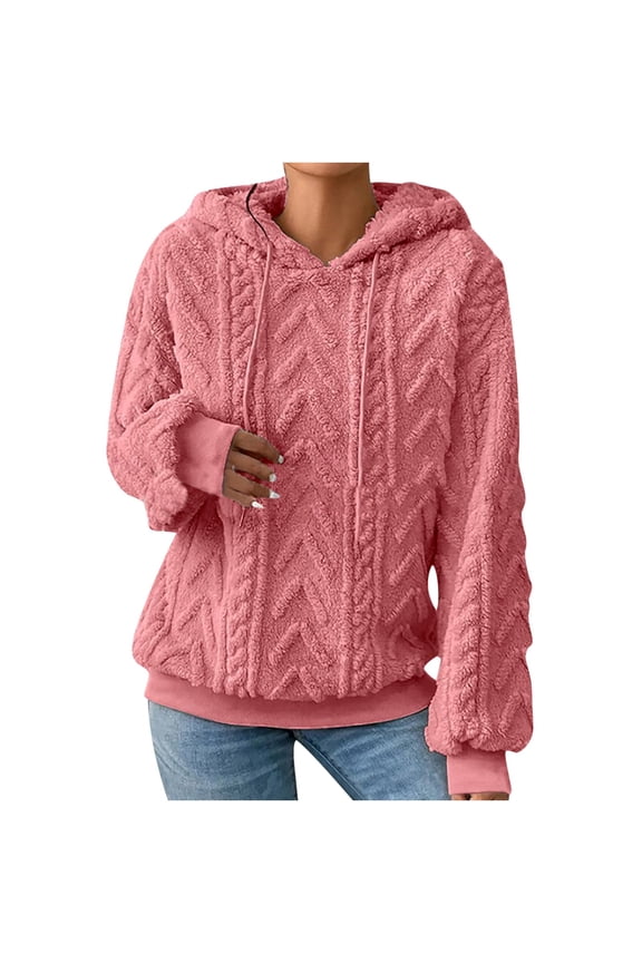 Women Fluffy Hoodie Fuzzy Fleece Pullover Sherpa Hooded Sweatshirt Winter Warm Teddy Soft Jumper Plush Comfy Hoodies Ladies Casual Loose Thick Sweatshirts Tops Plus Size 8-22