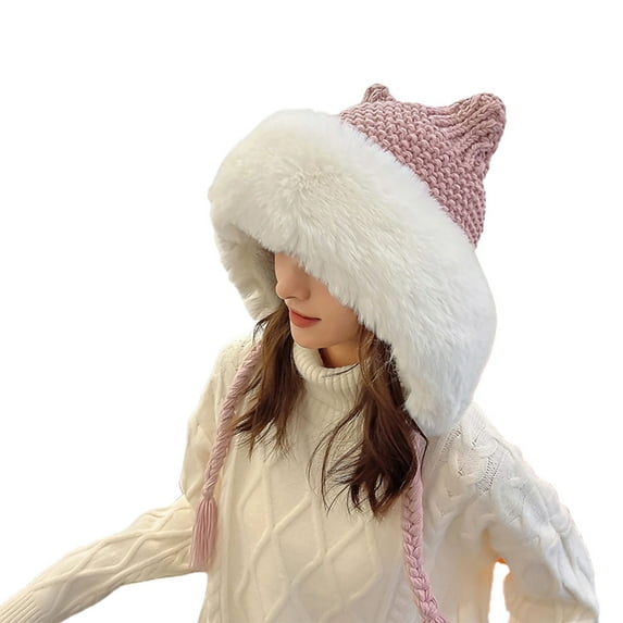 Women Fluffy Knit Beanie Hat, Winter Plush Warm Knit Cat Ear Skull Cap Outdoor Ear Cover