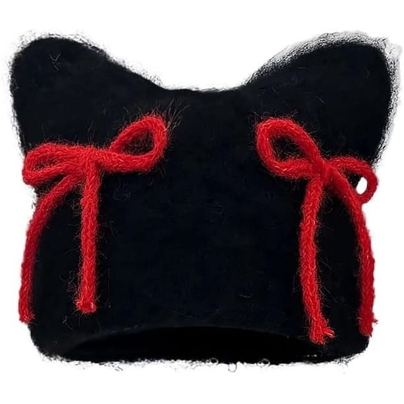 Women Fluffy Knit Beanie Hats Cute Bow Knot Cat Ear Hat Y2k Aesthetic Accessories Kawaii Stuff