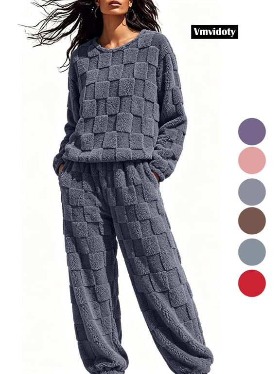 Women Fluffy Pajamas Set Fleece Pullover Pants Loose Plush Sleepwear 2 Piece Pjs Set Warm Loungewear Fuzzy Gray Free Size