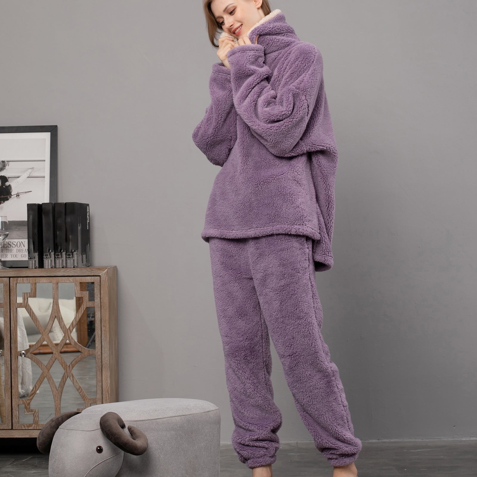 Women Fluffy Pajamas Set Winter Warm Fleece Pjs Pullover Pants 2 Piece Loungewear Sleepwear