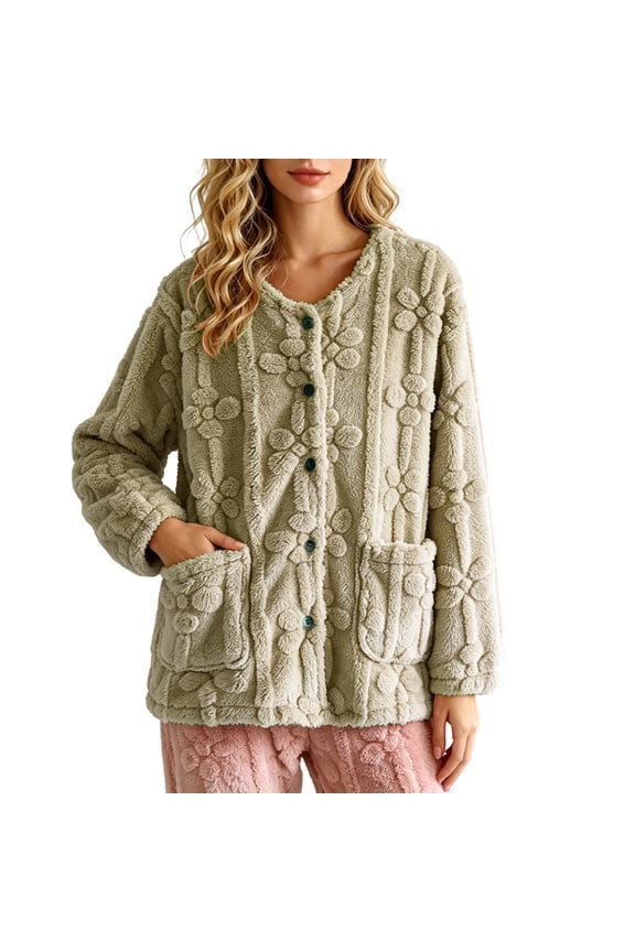 Women Fluffy Plush Bed Jacket, Button Down Round Neck Long Sleeve Coat, Ladies Winter Warm Floral Lounge Sleep Top