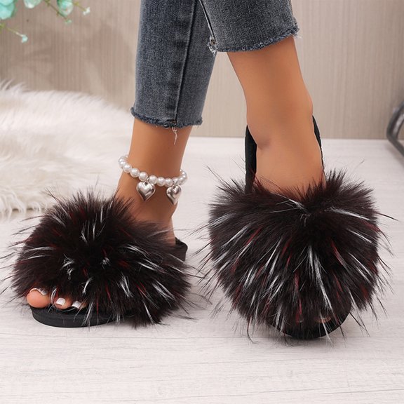 Women Fluffy Plush Single Strap Open Toe Platform Slide Slippers, Thick Cloud Cushion Footbed, Textured Anti Slip Rubber Outsole, Minimalist Cozy Silhouette for Fall Winter Bedroom,Brown 5.5