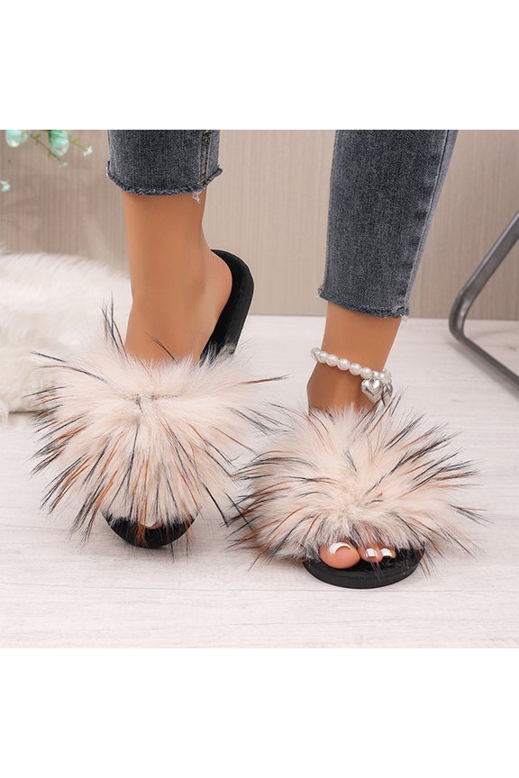 Women Fluffy Plush Single Strap Open Toe Platform Slide Slippers, Thick Cloud Cushion Footbed, Textured Anti Slip Rubber Outsole, Minimalist Cozy Silhouette for Fall Winter Bedroom,Beige 6.5