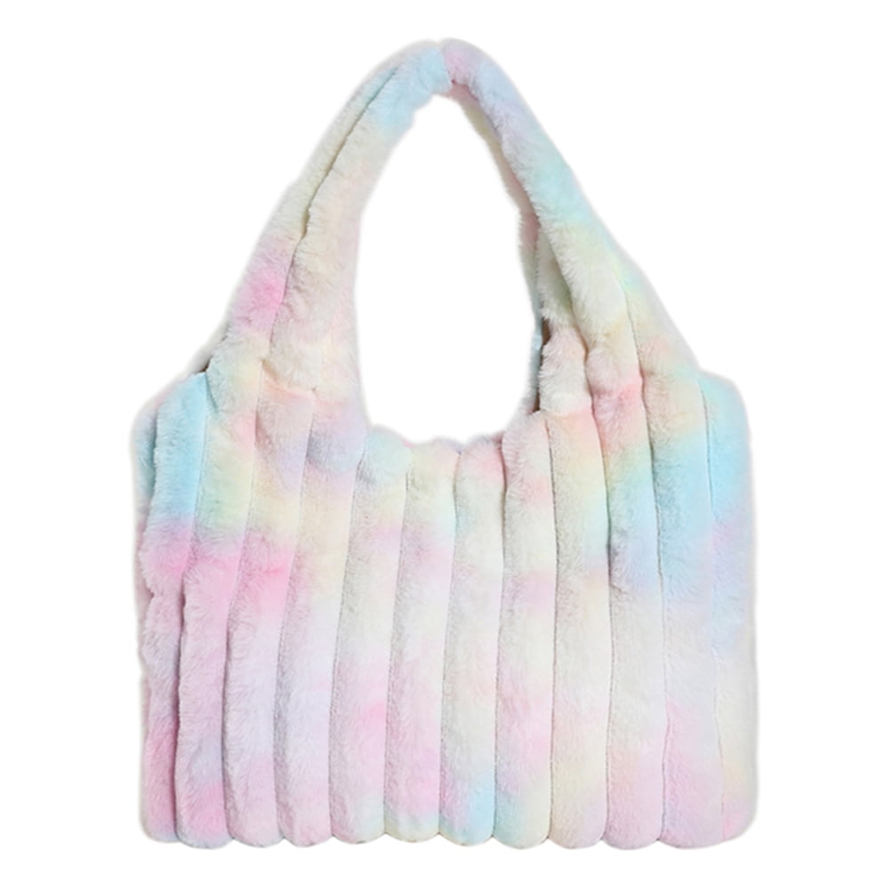 Women Fluffy Tote Bags Soft Furry Satchel Bag Slouchy Shopper Bag, Blue