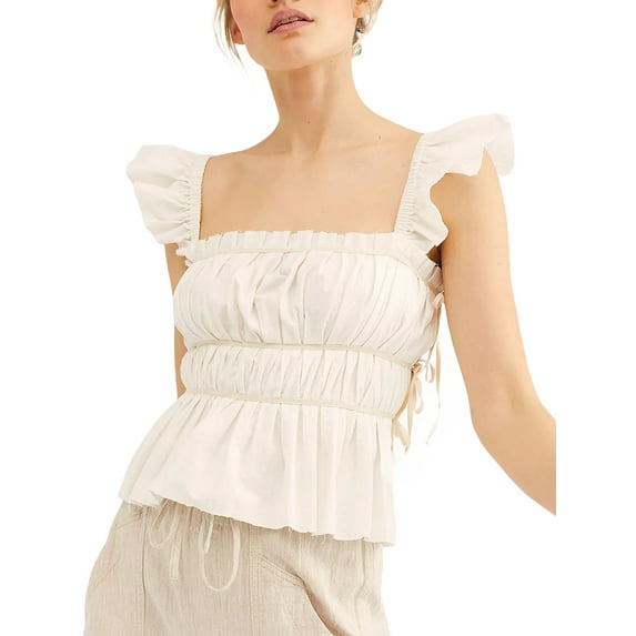 Women Fly Sleeve Crop Tank Tops Square Neck Ruched T-Shirts Summer Backless Slim Fit Blouses