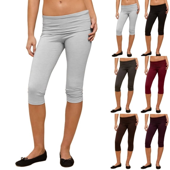 Women Fold Over Capri Leggings Y2K Low Rise Elastic Waist Cropped Pants Knee-Length Skinny Yoga Athletic Pants Light Gray M
