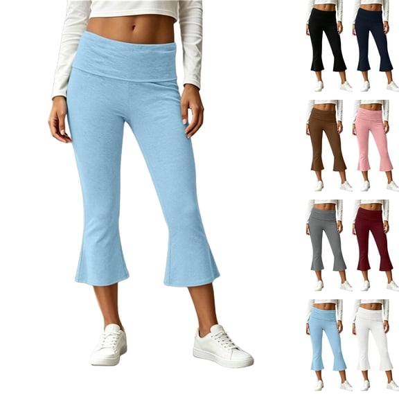 Women Fold Over Capri Pants Mid Rise Foldover Yoga Leggings Knee Length Cropped Flared Bell Bottom Capris Light Blue S