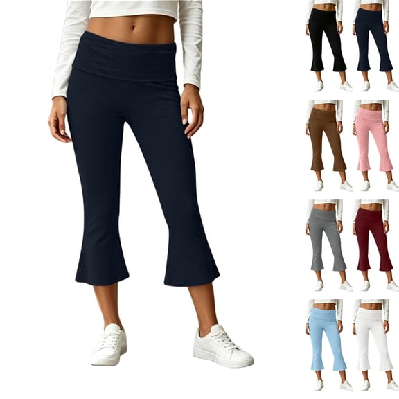 Women Fold Over Capri Pants Mid Rise Foldover Yoga Leggings Knee Length Cropped Flared Bell Bottom Capris Navy S