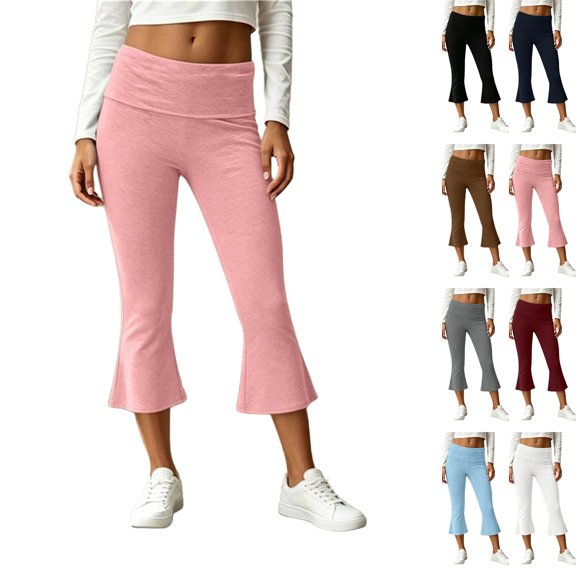 Women Fold Over Capri Pants Mid Rise Foldover Yoga Leggings Knee Length Cropped Flared Bell Bottom Capris Pink S