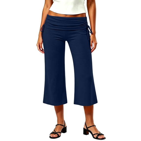 Women Fold Over Gaucho Pants Flowy Low Rise Wide Leg Capris Yoga Culottes Lounge Cropped Foldover Bottoms,L