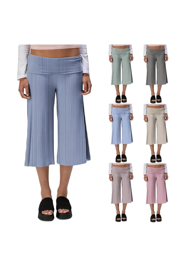 Women Fold Over Gaucho Pants Wide Leg Low Rise Flowy Capri Pants Yoga Lounge Cropped Flare Bottoms Culottes Summer 2026 Dark Blue XL