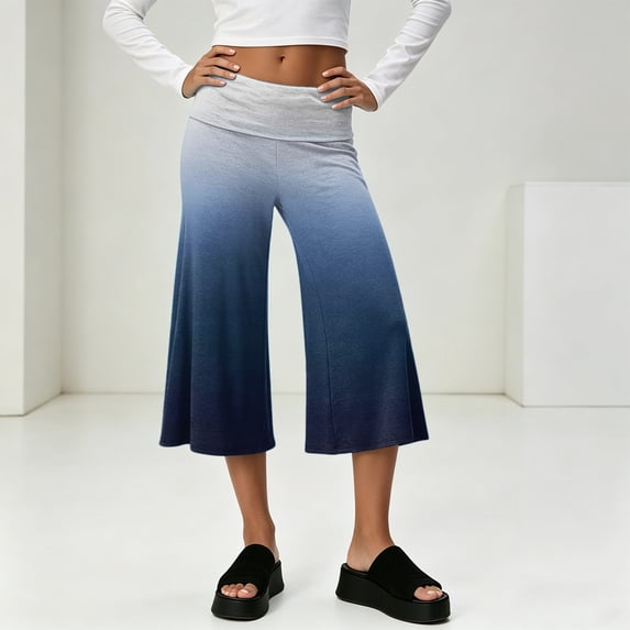 Women Fold Over Gauchos Capri Casual Low Rise Wide Leg Cropped Pants Summer Gradient Yoga Culottes Going Out Yoga Capris Dark Blue L