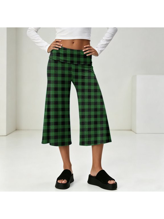 Women Fold Over Gauchos Capri Casual Low Rise Wide Leg Cropped Pants Summer Plaid Yoga Culottes Going Out Yoga Capris Green XL