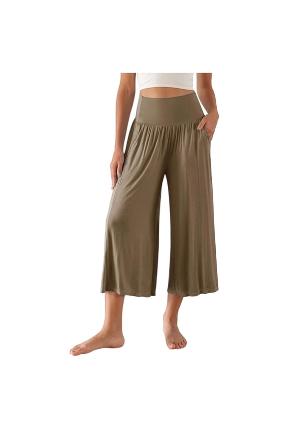 Women Fold Over Waist Lounge Capris Gaucho Wide Leg Flowy Cropped Pants Casual Yoga Culotte Pajama Bottom
