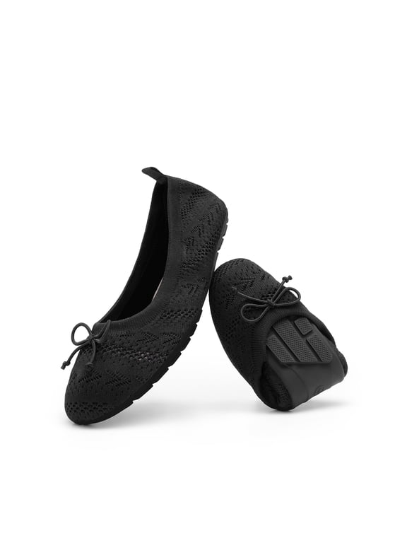 Women Foldable Ballet Flats Round Toe Slip On Knit Shoes Lightweight Comfortable Bowknot Dress Flats for Travel Work Casual