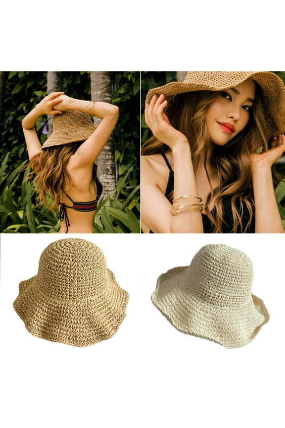 Women Foldable Bohemia Wide Brim Roll-up Crocheted Straw Hat Beach Sun Visor Cap for Holiday Travel Coffee Khaki
