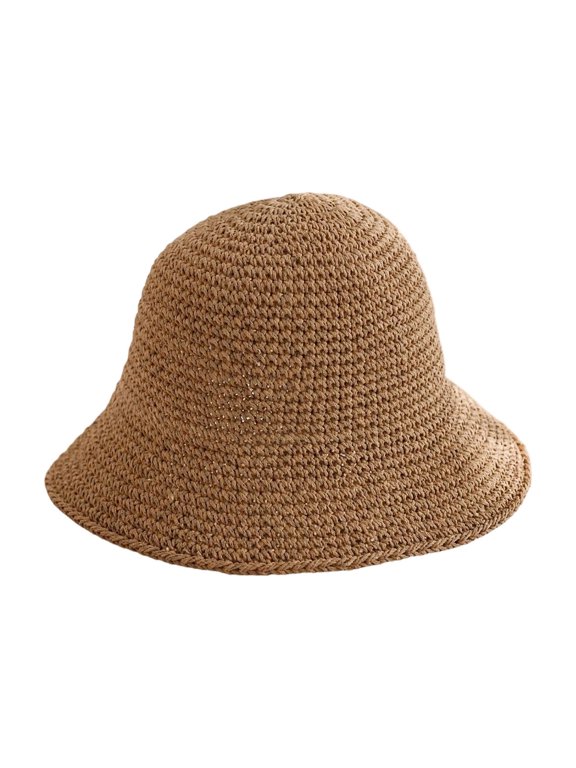 Women Foldable Crochet Straw Bucket Hat Summer Sun Protection Beach Hat Adjustable Drawstring Packable Travel Fisherman Hat