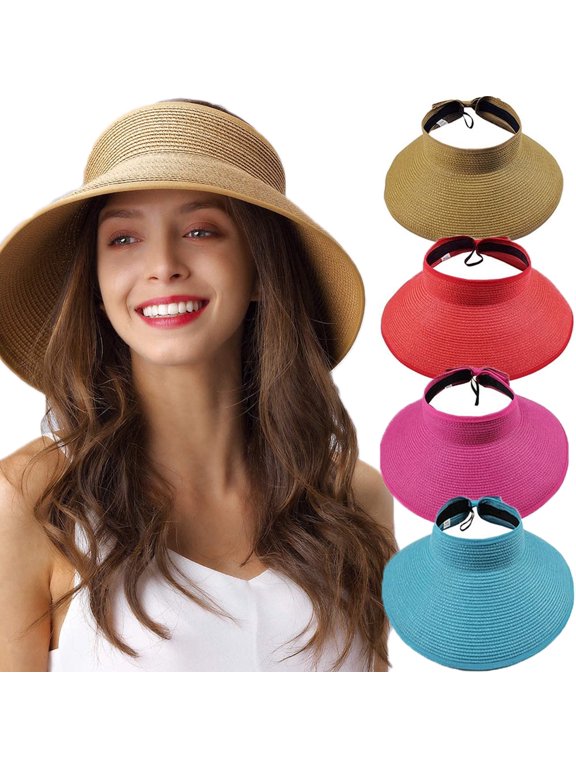 Women Foldable Straw Sun Visors Sun Protecetion Wide Brim Sun Hats Adjustable Beach Hat