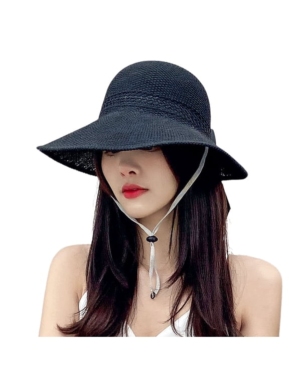 Women Foldable Wide Brim Straw Hats Roll Up Sun Visors Bow Summer Beach Hat