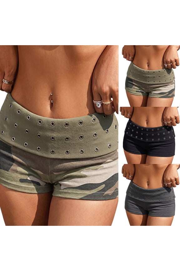 Women Foldover Micro Shorts Studded Fold Over Low Rise Lounge Going Out Bottoms Goth Booty Mini Shorts, L