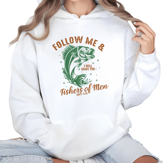 Women Follow Me Fishers Of Men Graphic Versatile All-Occasion Tee T Shirt Top Inspirational Bass Print Hooded long-sleeved White S-2XL
