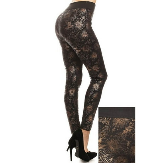 Women Foral Full Length Leggings, Black / Metallic Floral & Leaf