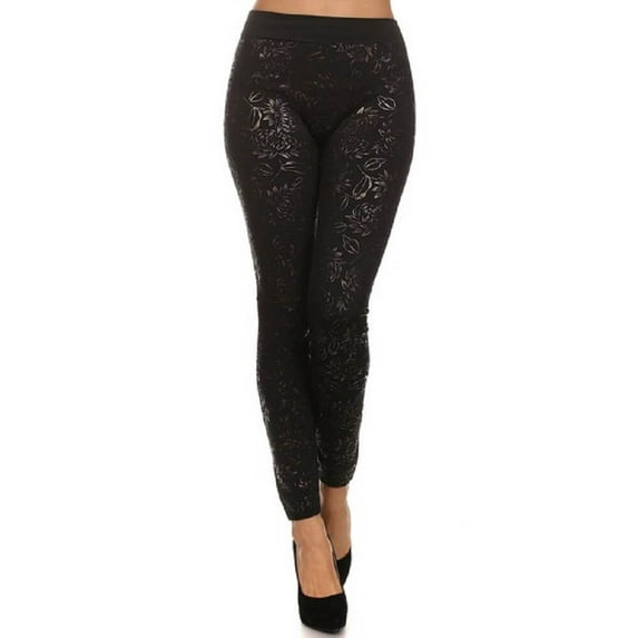 Women Foral Full Length Leggings, Black / Silver Flower
