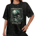 thumbnail image 1 of Women Forbidden Forest National Park Unicorn Graphic Tees T Shirt Tops Round neck Printed Cotton Washed T Shirt Black S-2XL Plus Size, 1 of 5