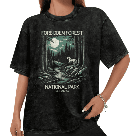 Women Forbidden Forest National Park Unicorn Graphic Tees T Shirt Tops Round neck Printed Cotton Washed T Shirt Black S-2XL Plus Size