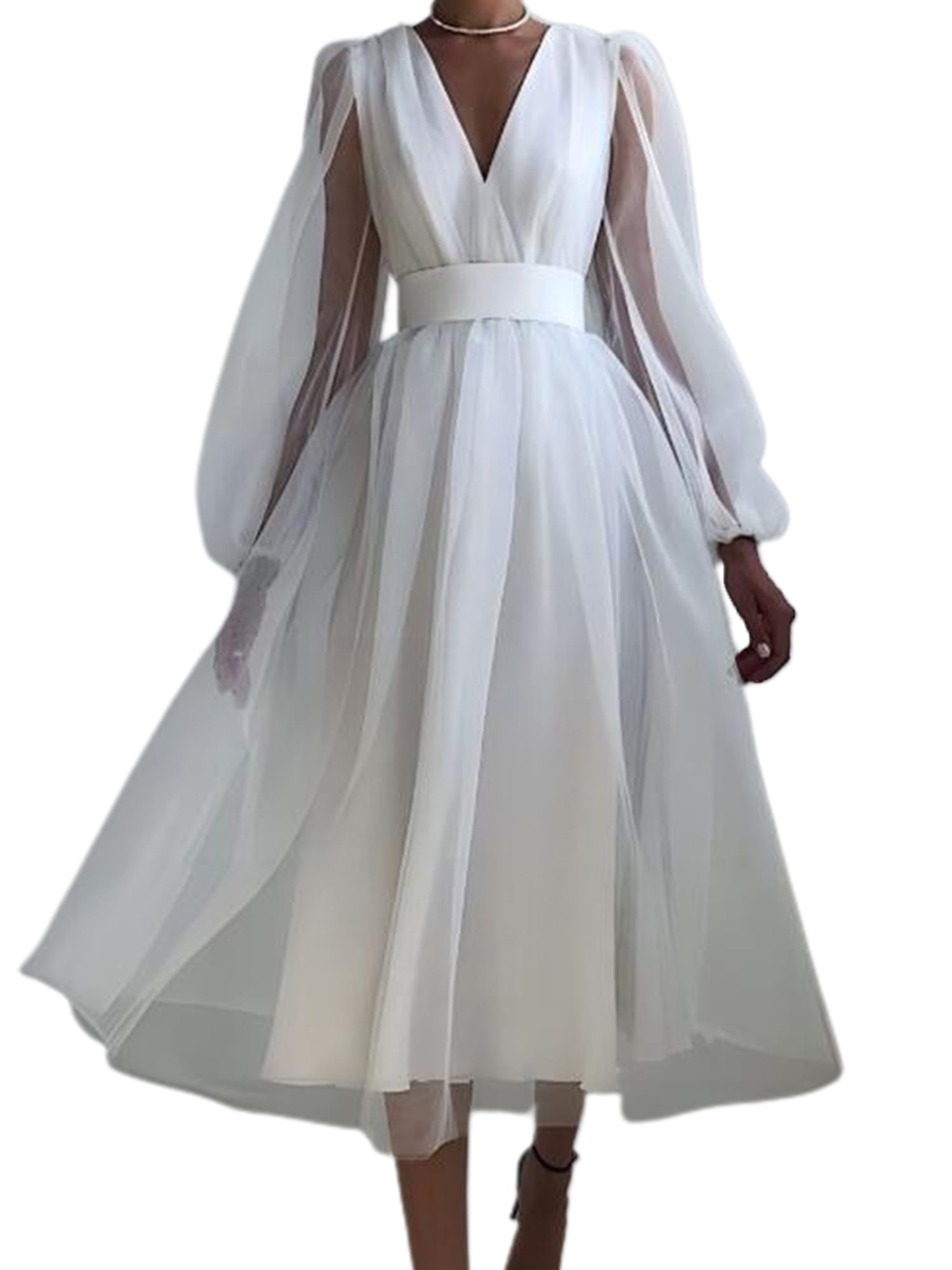 V-neck Stitching Mesh Banquet Dress Waist Sequ Puff Sleeve Formal Gown