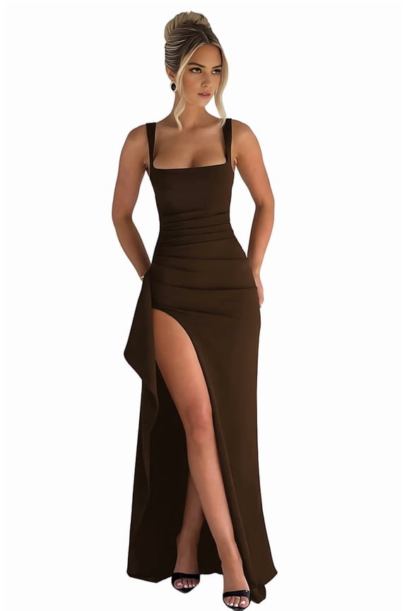 Women Formal Dresses Sleeveless Bodycon Ruched High Slit Maxi Dress Cocktail Prom Brown L
