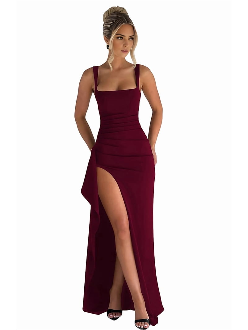 slim fit dress slacks Rosalyn Ruched Glitter Knit High Slit Formal Dress