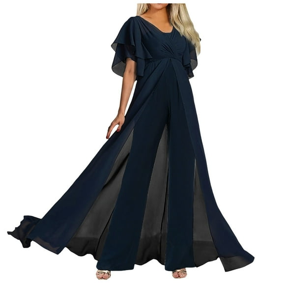 Women Formal Elegant Jumpsuit Mesh Overlay Patchwork High Waist Wide Leg Party Wear