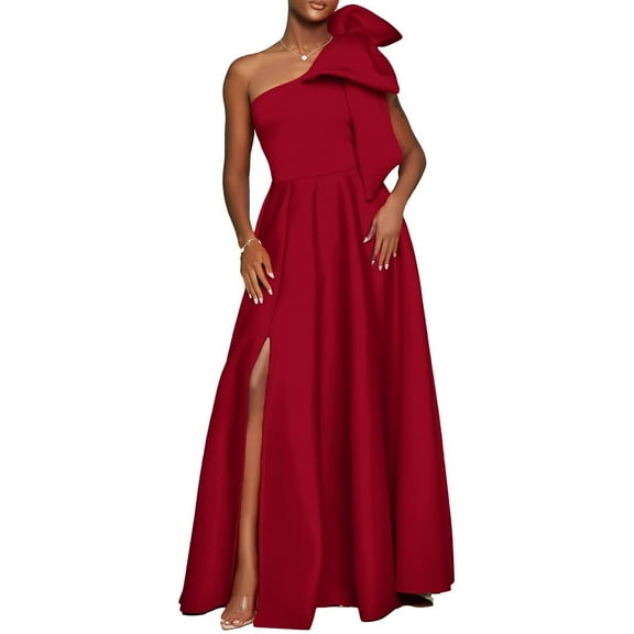 Women Formal Prom One Shoulder Bow Split Dress Sexy Maxi Wedding Guest Dress