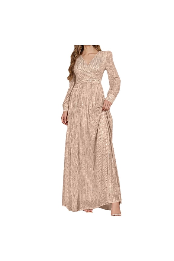 Women Formal Sequin Dresses - Evening Gowns Long Sleeve V-Neck Wedding Guest Sparkly Prom Long Maxi Dress Cute Summer Dresses for Women S